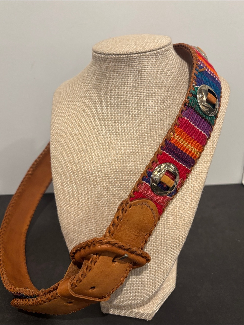 Vintage Guatemalan Hand-Woven Leather Concho Belt sz L